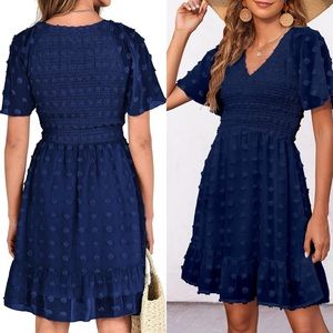 NWTV Neck Smocked Short Sleeve Casual Dress Swiss Dot Swing Flowy Ruffle Hem XXL